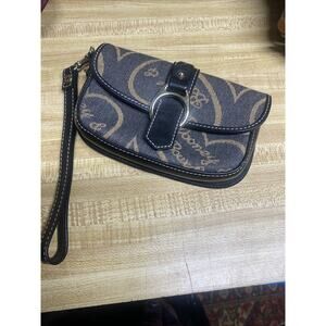 Dooney & Bourke Logo Black Gold Denim Canvas Leather Wristlet Wallet